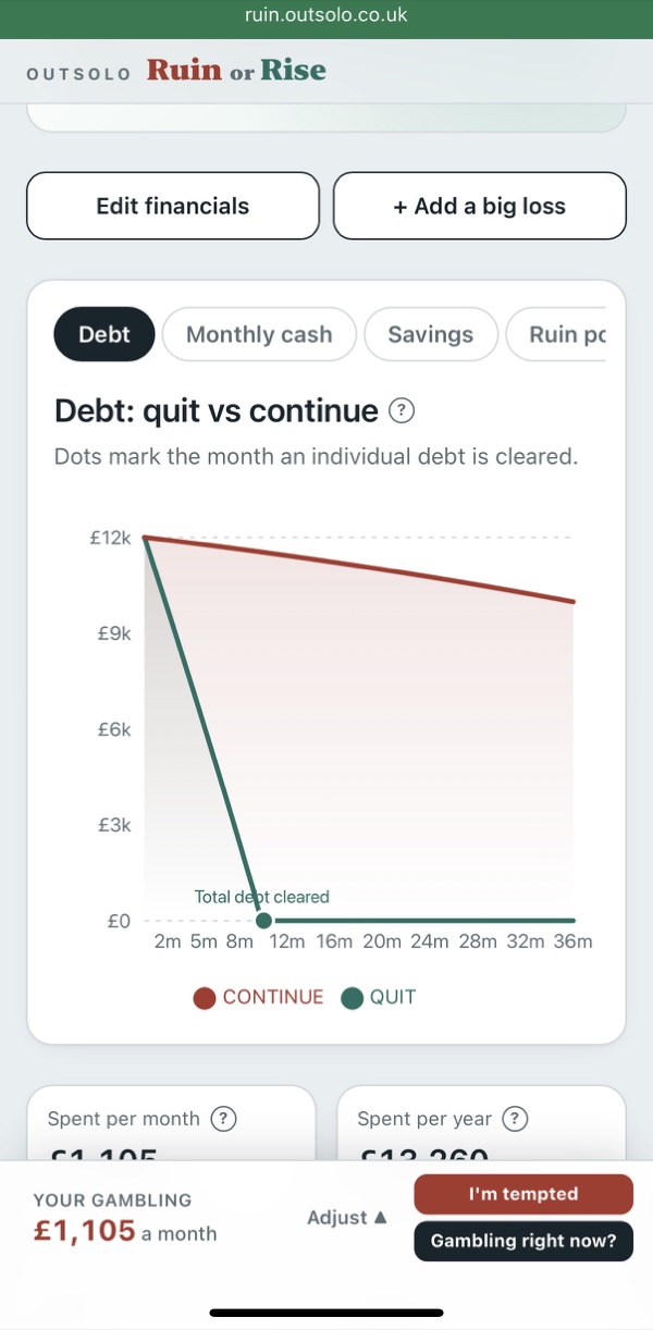 Ruin or Rise screen: Debt chart